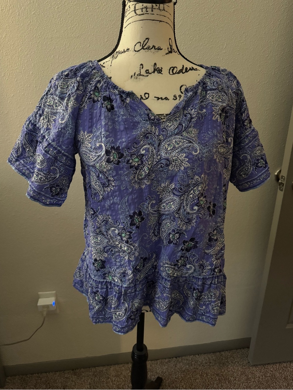 J. Jill Lavender cotton Paisley Short-Sleeve Peasant Top S or 10